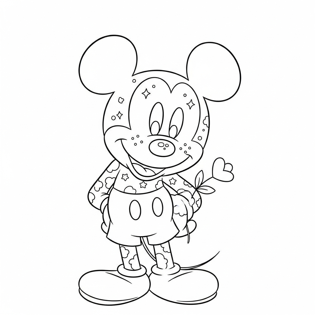 Desenho de Mickey Mouse para colorir sorrindo timidamente olhando para baixo com flor.