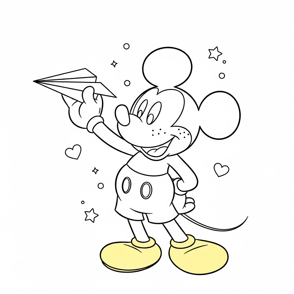 Desenho de Mickey Mouse para colorir brincando com avião de papel, estrelinhas e corações.