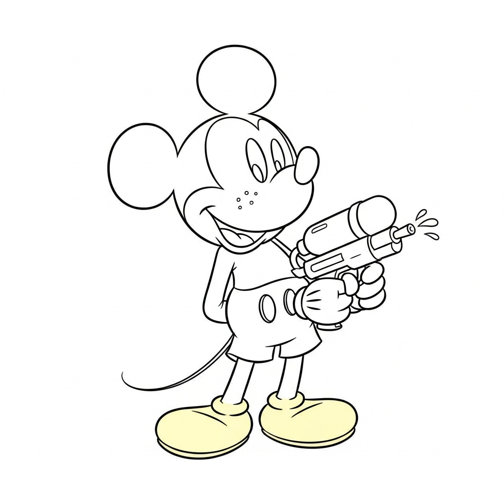 Desenho de Mickey Mouse para colorir brincando com pistola de água