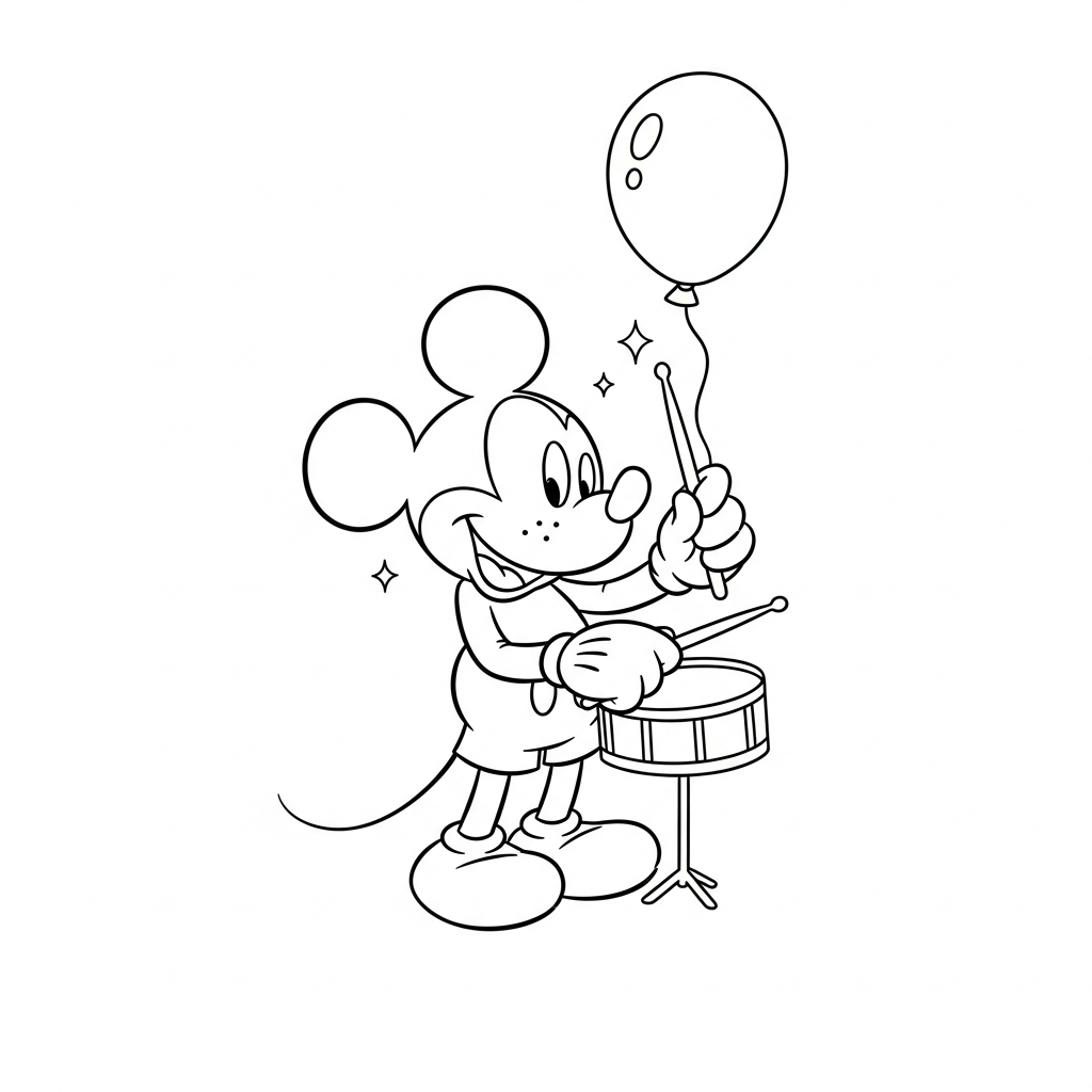 Desenho de Mickey Mouse para colorir tocando bateria com baquetas e uma estrela pequena.