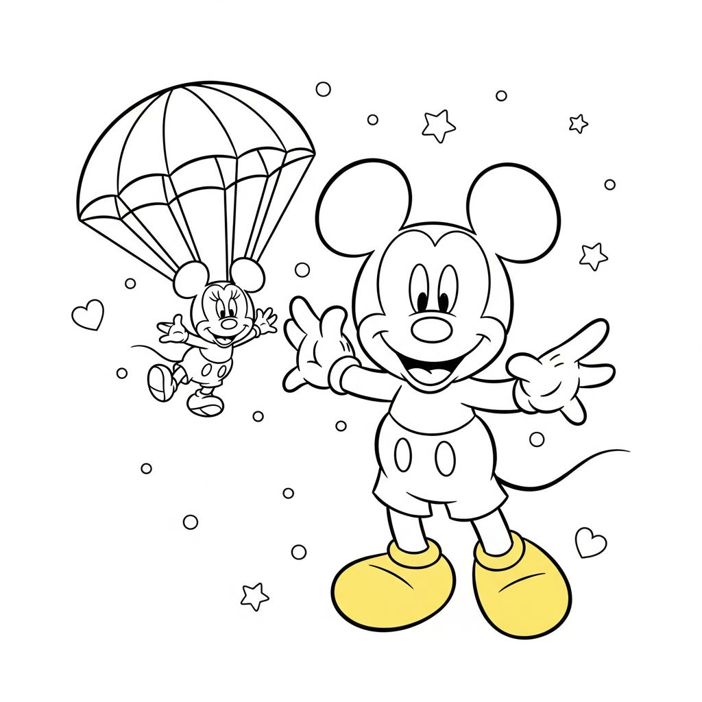 Desenho de Mickey Mouse para colorir descendo em paraquedas entre estrelinhas e corações