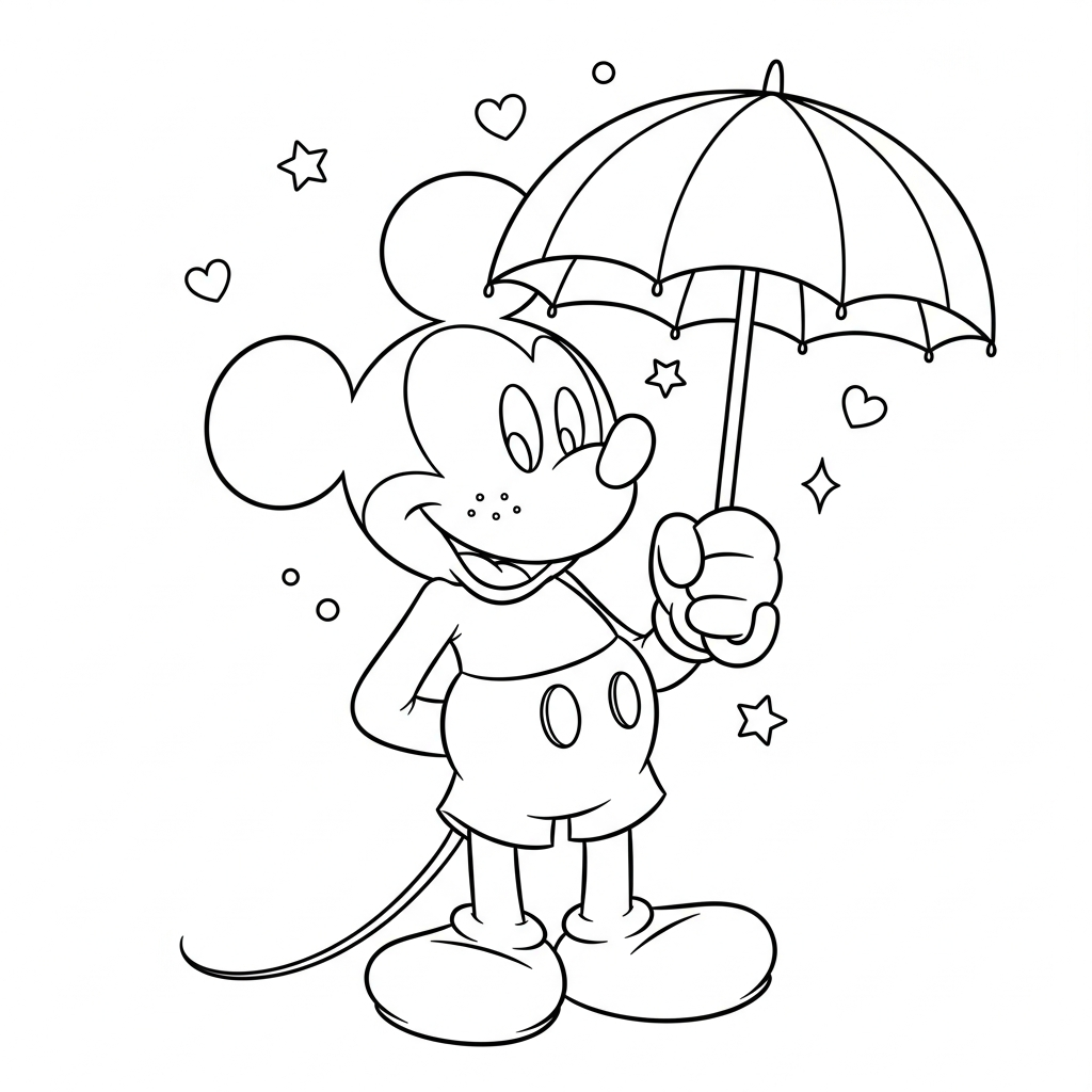 Desenho de Mickey Mouse para colorir segurando guarda-chuva, com estrelinhas e corações decorativos.
