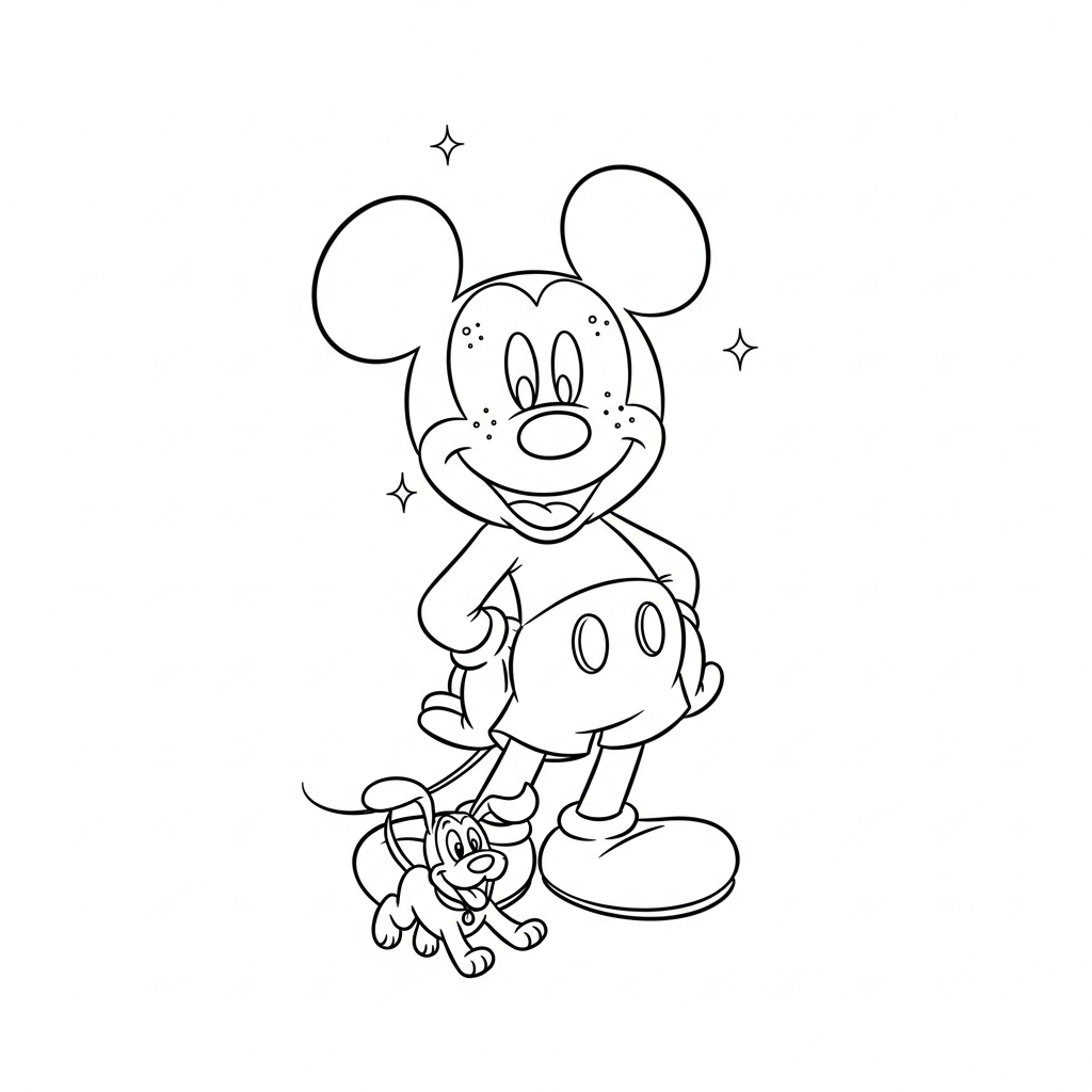 Desenho de Mickey Mouse para colorir brincando com cachorro pulando alegremente