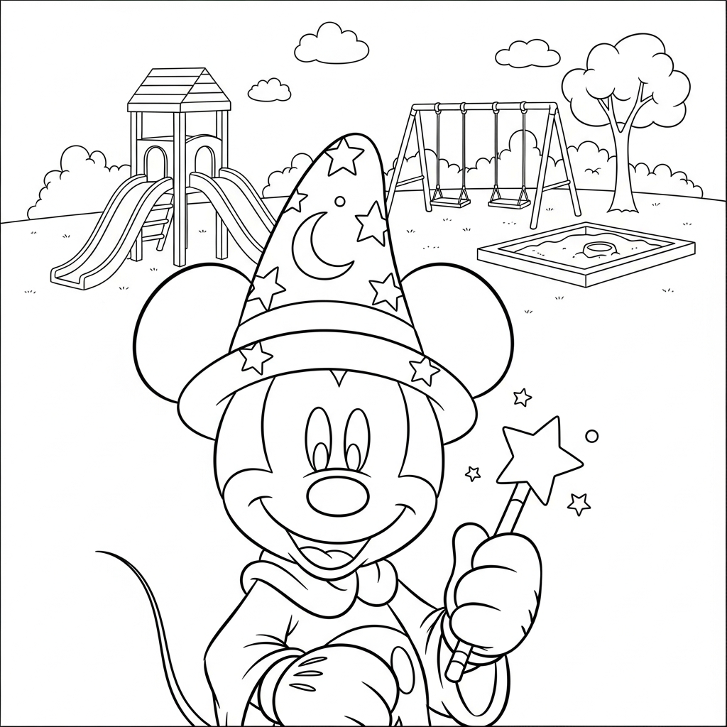 Desenho de Mickey Mouse para colorir usando chapéu de mago com varinha no playground.