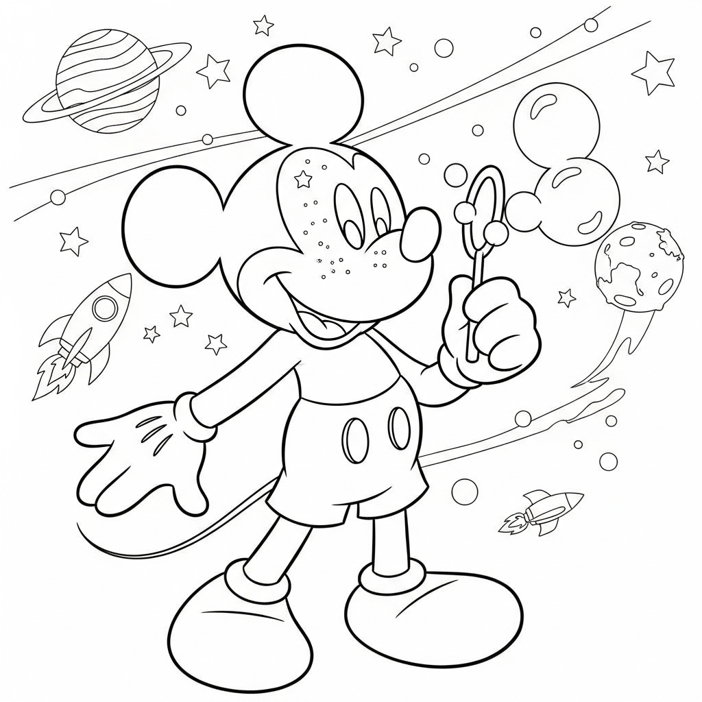 Desenho de Mickey Mouse para colorir fazendo bolhas de sabão no espaço com planetas e foguete