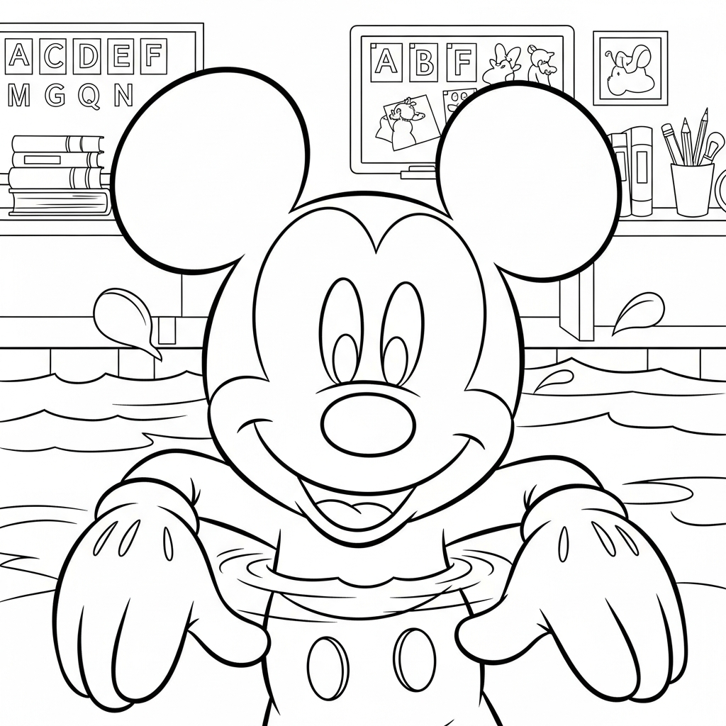 Desenho de Mickey Mouse para colorir nadando estilo livre na piscina da sala de aula com lousa