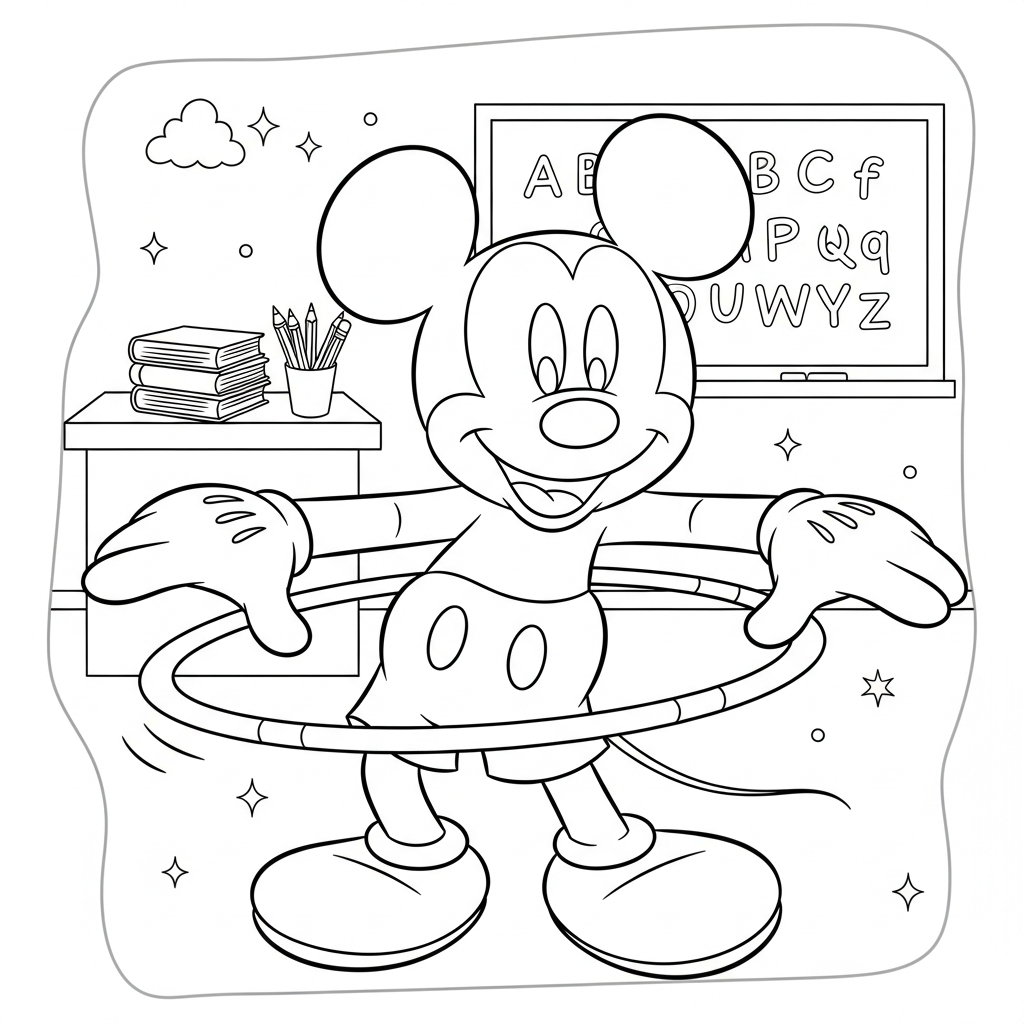 Desenho de Mickey Mouse para colorir brincando com bambolê na sala de aula.