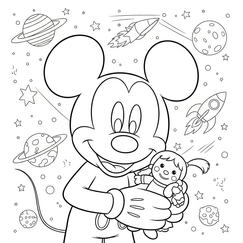 Desenho de Mickey Mouse para colorir embalando boneca no espaço com planetas e foguete