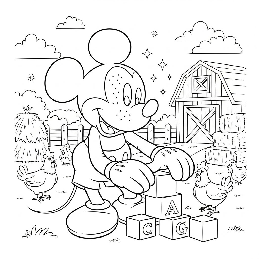 Desenho de Mickey Mouse para colorir brincando com blocos na fazenda com celeiro.