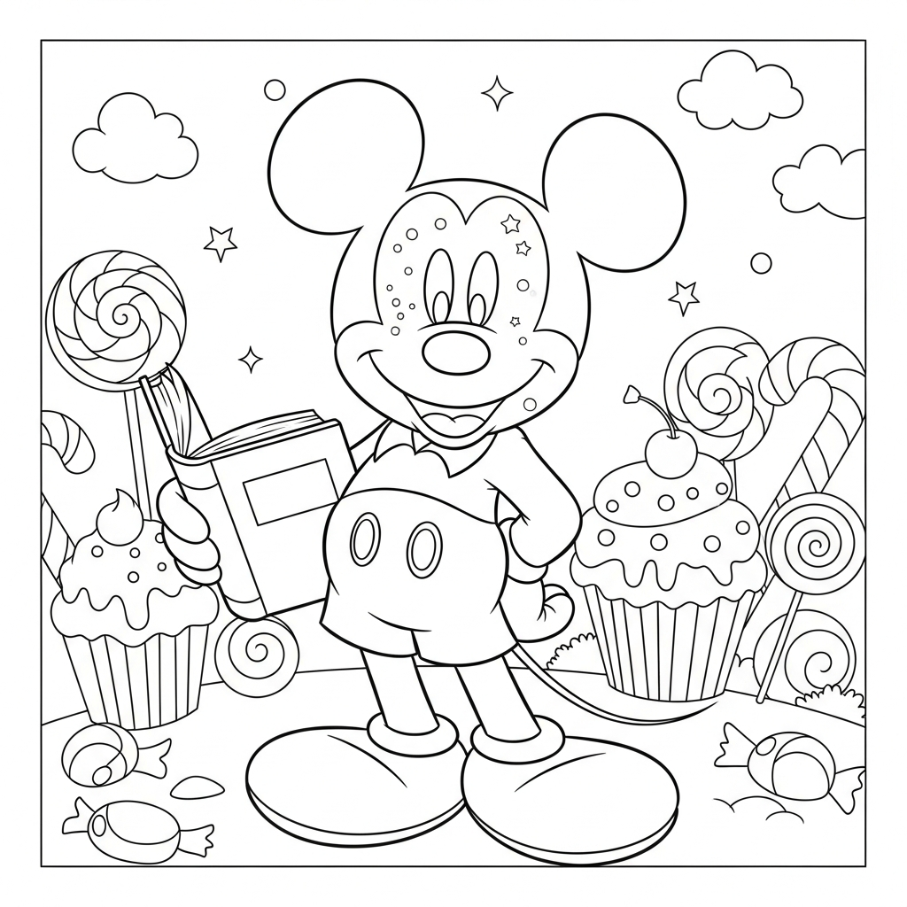 Desenho de Mickey Mouse para colorir vestido de professor segurando livro na terra dos doces