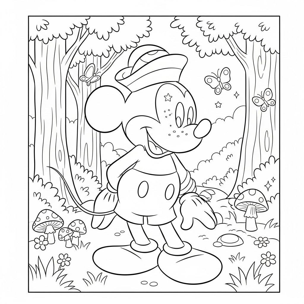 Desenho de Mickey Mouse para colorir vestido de marinheiro na floresta com cogumelos