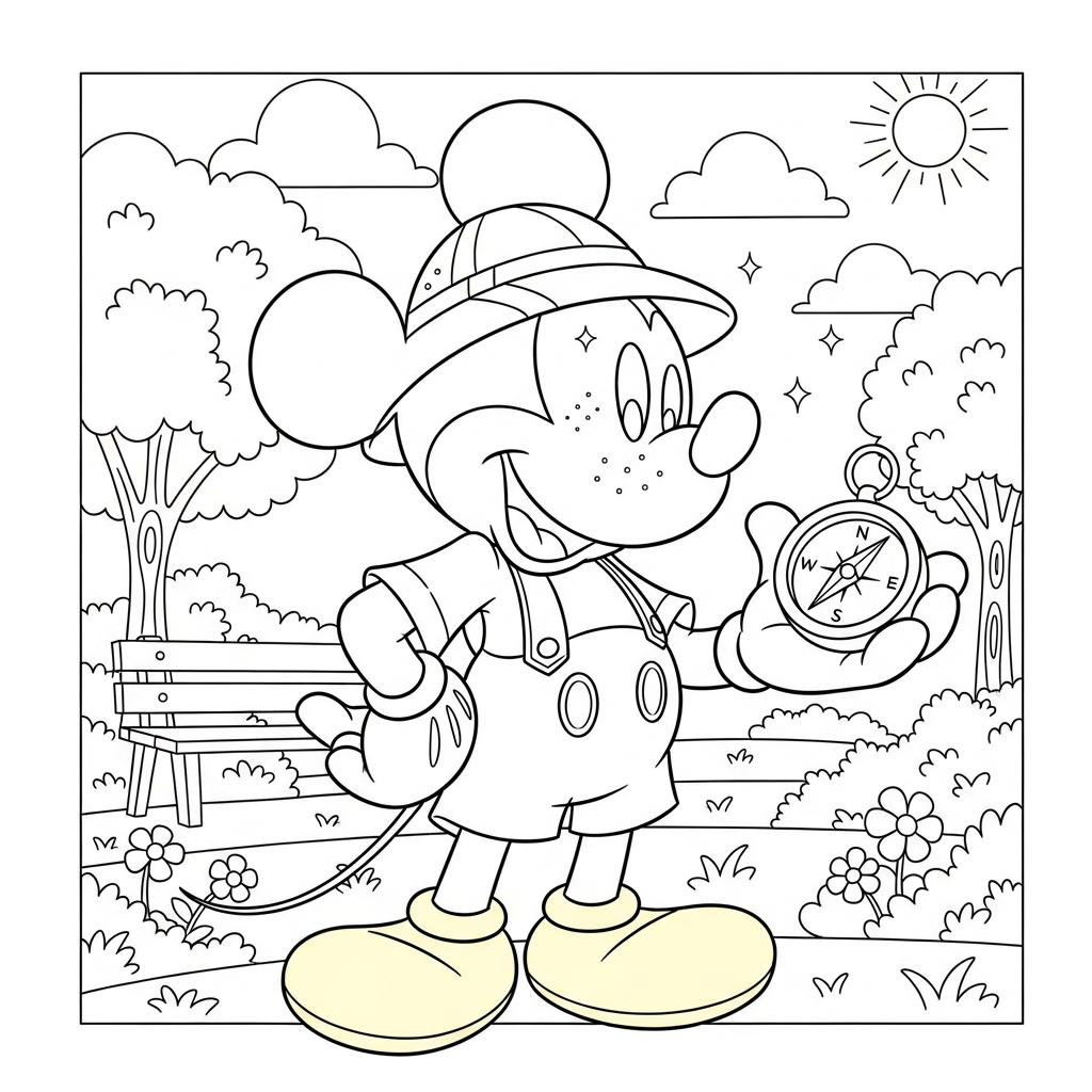 Desenho de Mickey Mouse para colorir vestido de explorador com bússola no parque ensolarado.