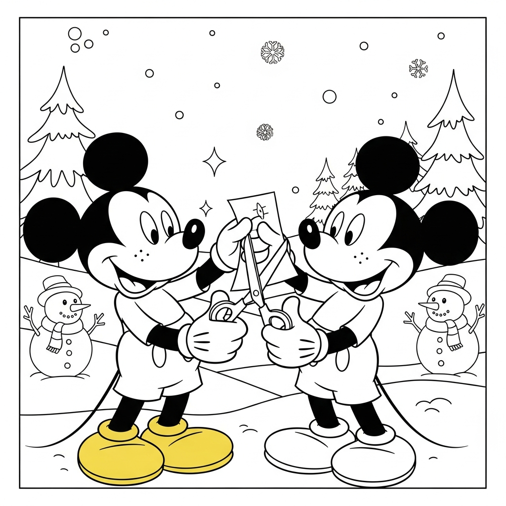 Desenho de Mickey Mouse para colorir recortando papel com tesoura em paisagem nevada com pinheiros