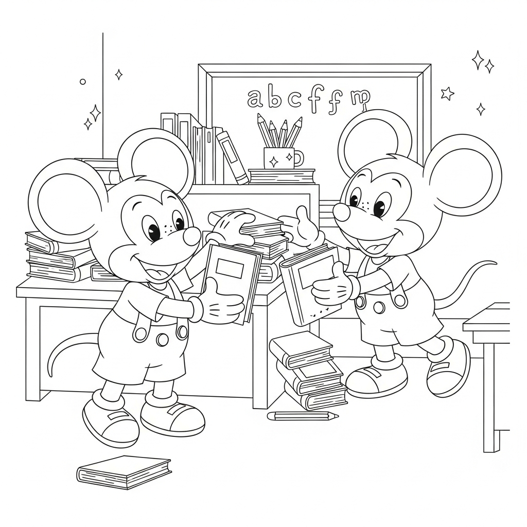 Desenho de Mickey Mouse para colorir organizando livros na estante da sala de aula com lousa.