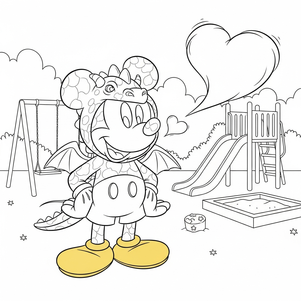 Desenho de Mickey Mouse para colorir vestido de dragão soltando coração no playground.