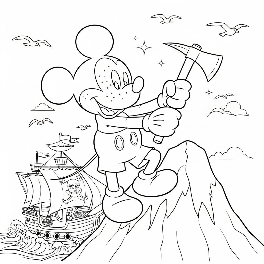 Desenho de Mickey Mouse para colorir escalando montanha com piolet em navio pirata