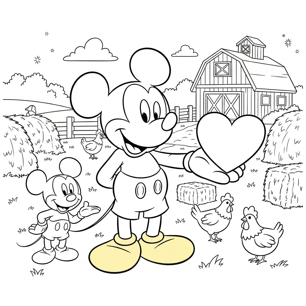 Desenho de Mickey Mouse para colorir entregando coração na fazenda com celeiro.