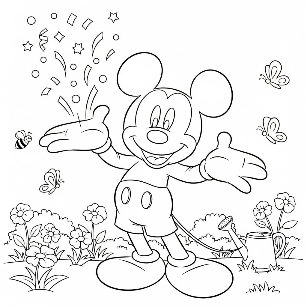 Desenho de Mickey Mouse para colorir estourando confete no jardim com flores e abelhas.