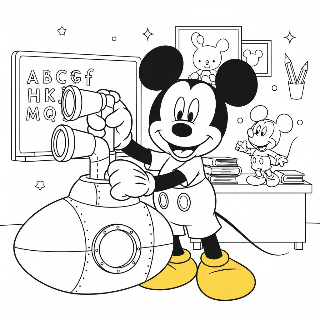 Desenho de Mickey Mouse para colorir dirigindo submarino com periscópio na sala de aula.