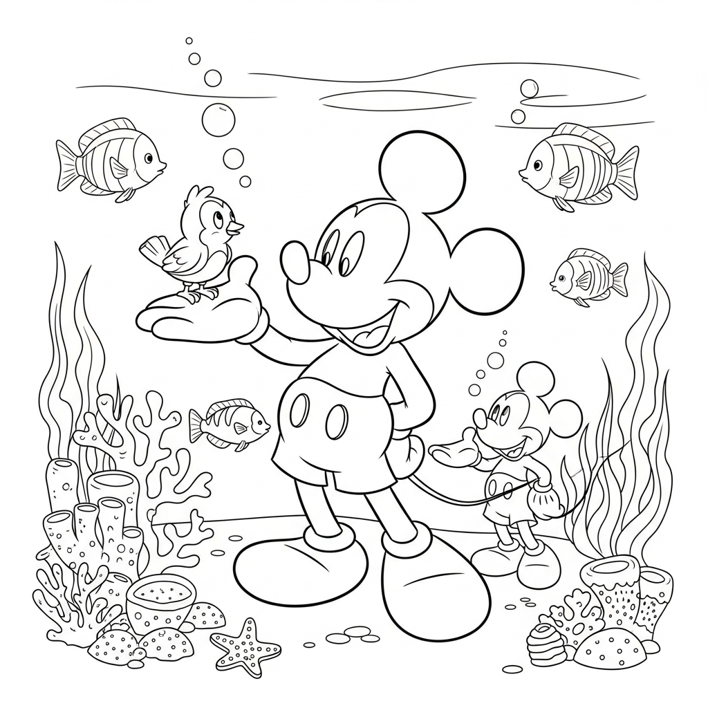 Desenho de Mickey Mouse para colorir conversando com passarinho na mão no fundo do mar.