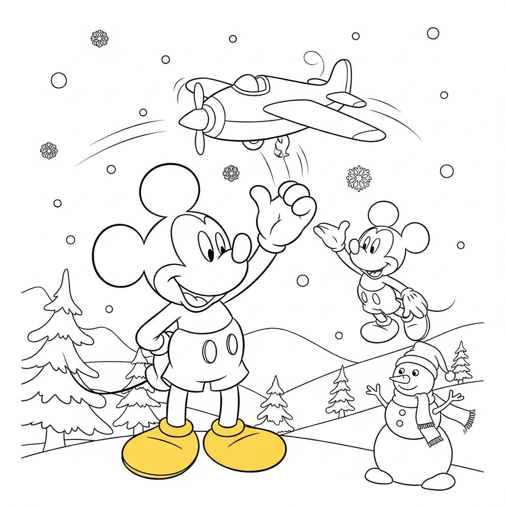 Desenho de Mickey Mouse para colorir brincando com aviãozinho em paisagem nevada com pinheiros.