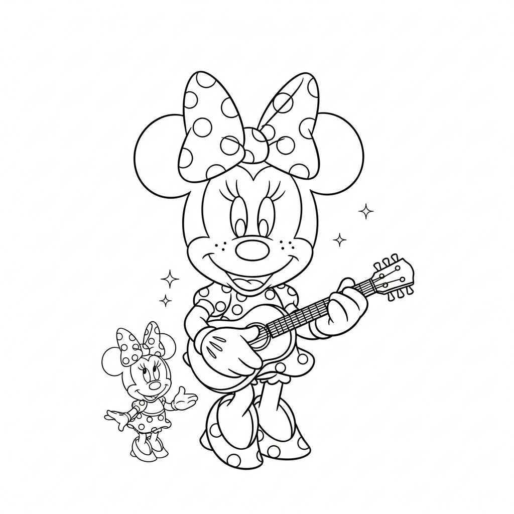 Desenho de Minnie Mouse para colorir tocando violão com expressão alegre