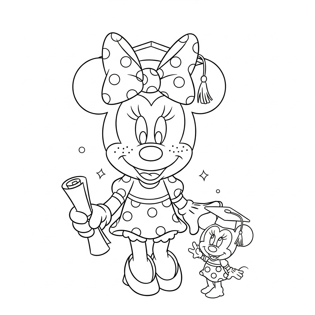 Desenho de Minnie Mouse para colorir usando capelo de formatura sorridente