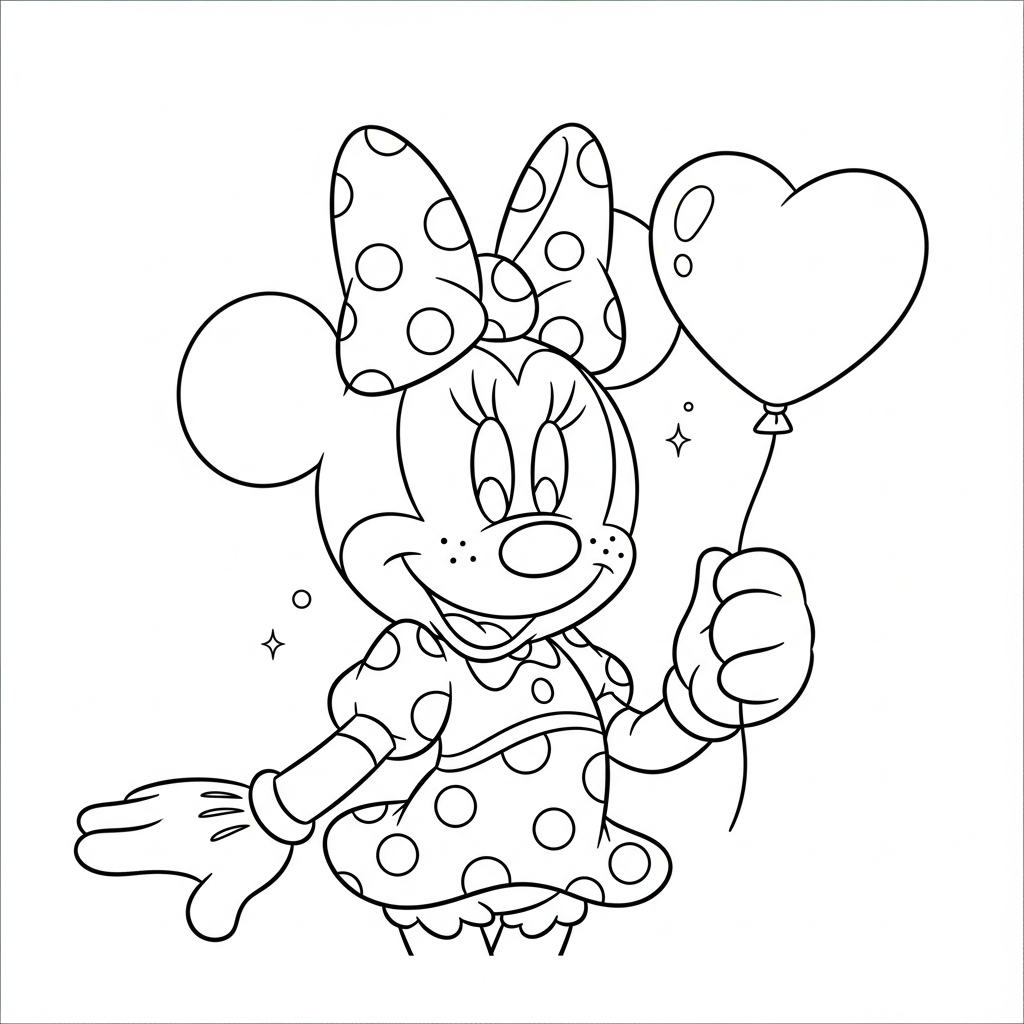 Desenho de Minnie Mouse para colorir segurando balão em forma de coração