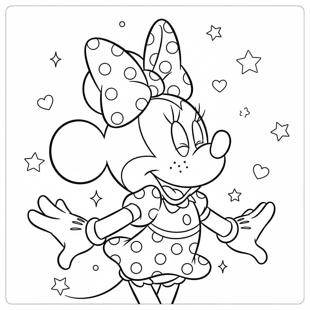 Desenho de Minnie Mouse para colorir bocejando, espreguiçando-se entre estrelinhas e corações decorativos.