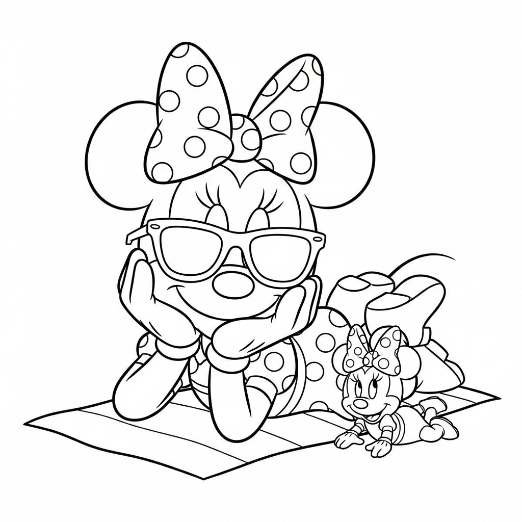 Desenho de Minnie Mouse para colorir usando óculos de sol na praia