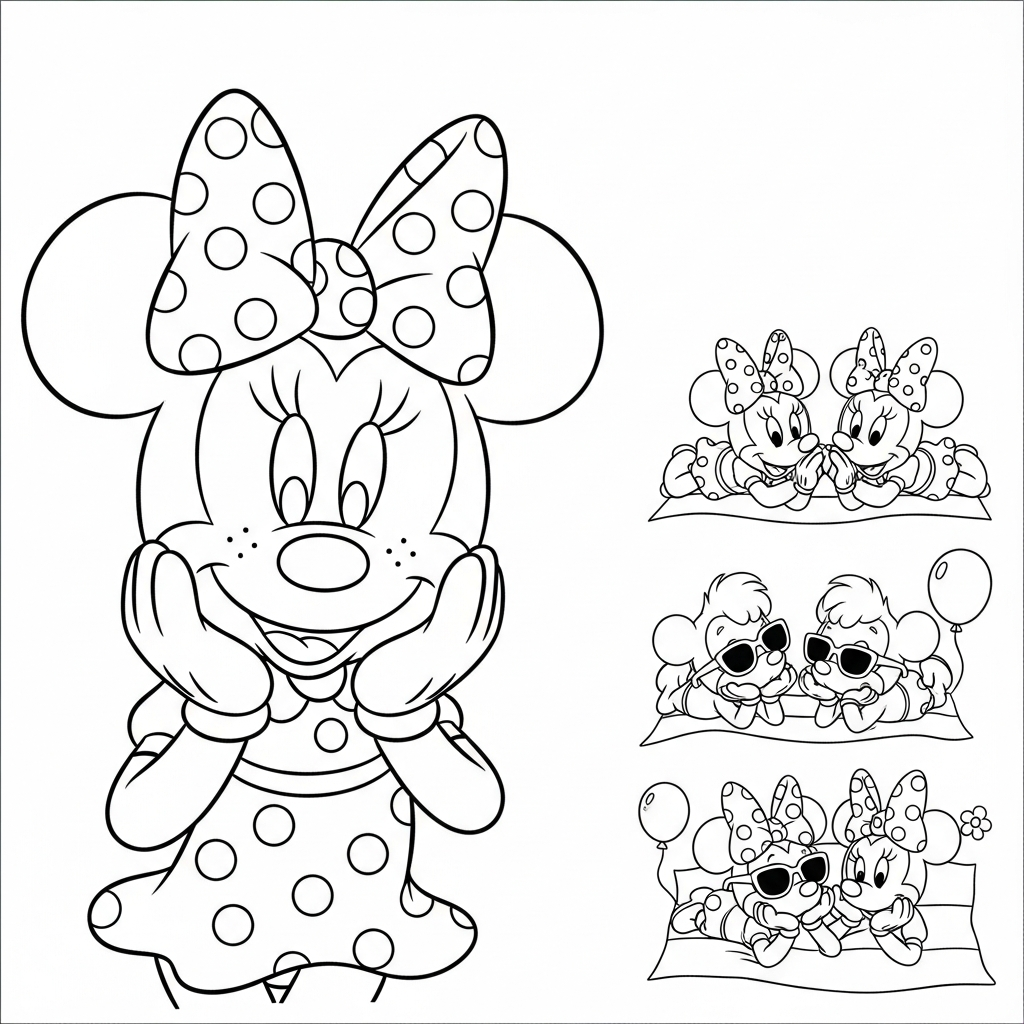 Desenho de Minnie Mouse para colorir usando óculos de sol na praia com concha