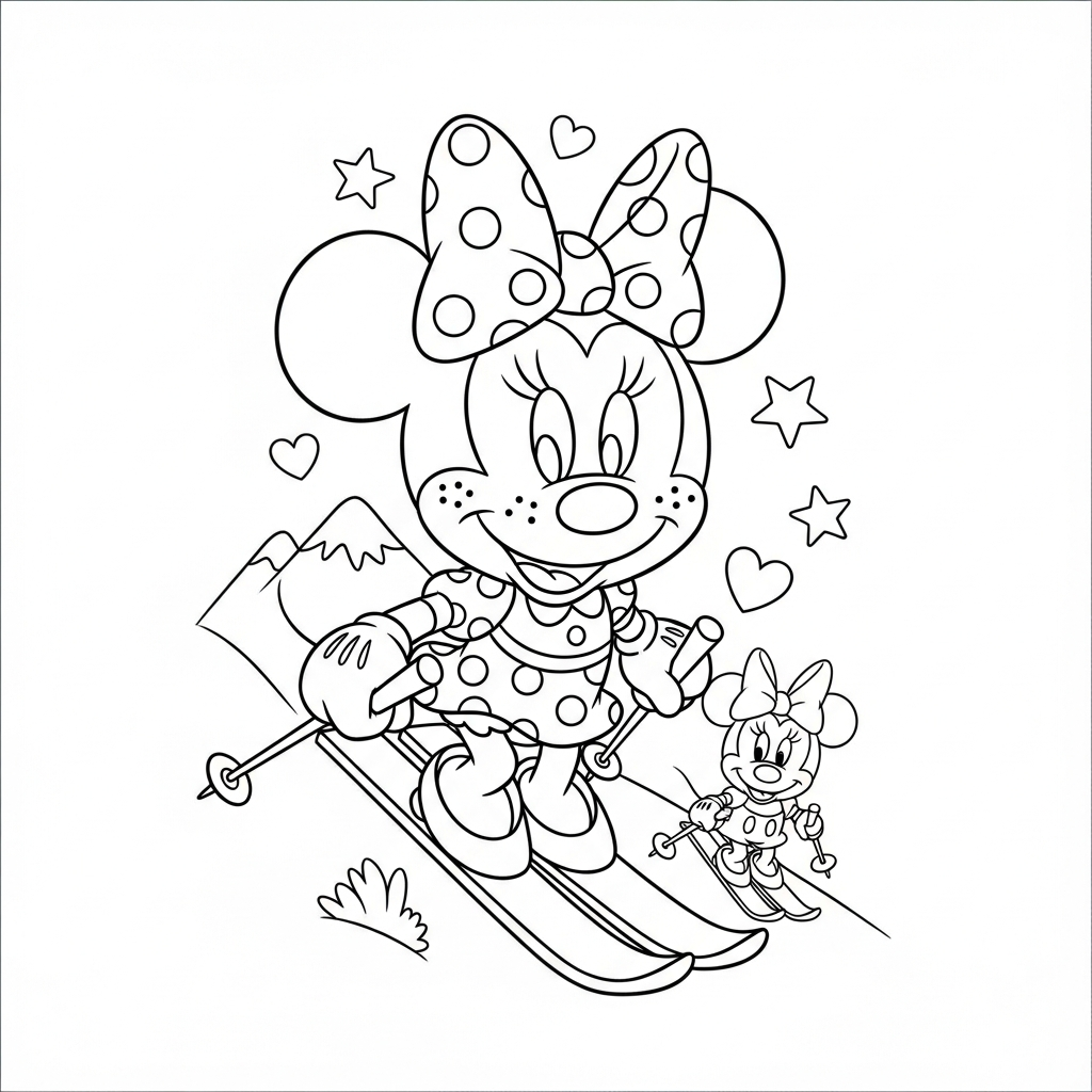 Desenho de Minnie Mouse para colorir esquiando montanha abaixo entre estrelinhas e corações