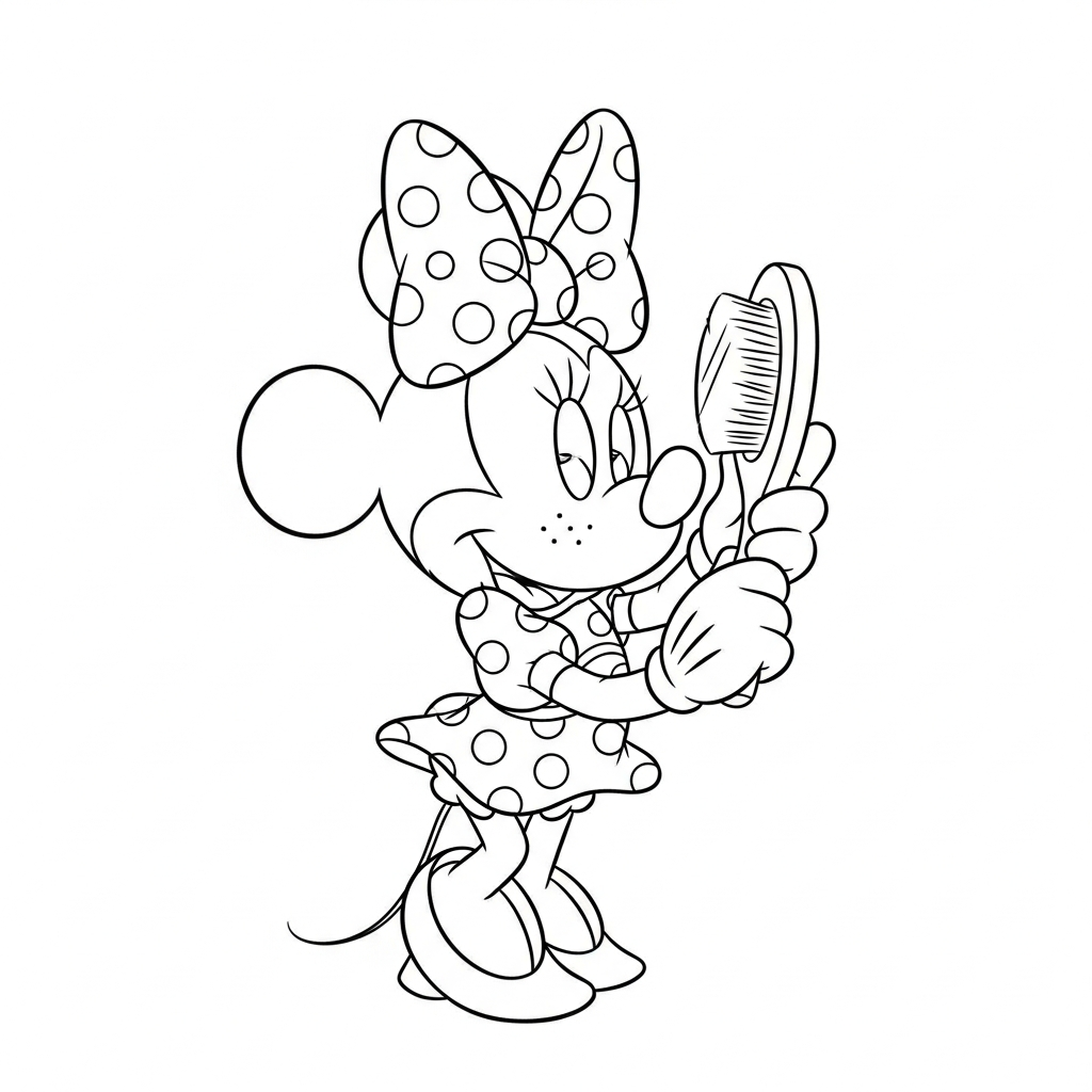 Desenho de Minnie Mouse para colorir escovando os cabelos diante do espelho com pente.