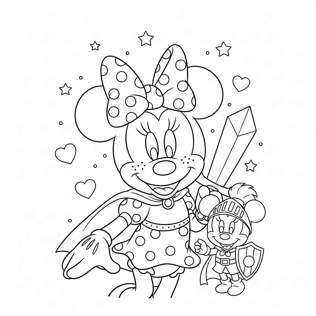 Desenho de Minnie Mouse para colorir vestida de cavaleiro com escudo e espada.