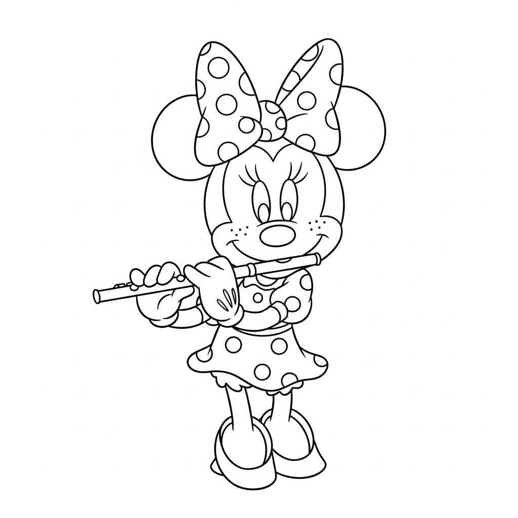 Desenho de Minnie Mouse para colorir tocando flauta de pé alegremente