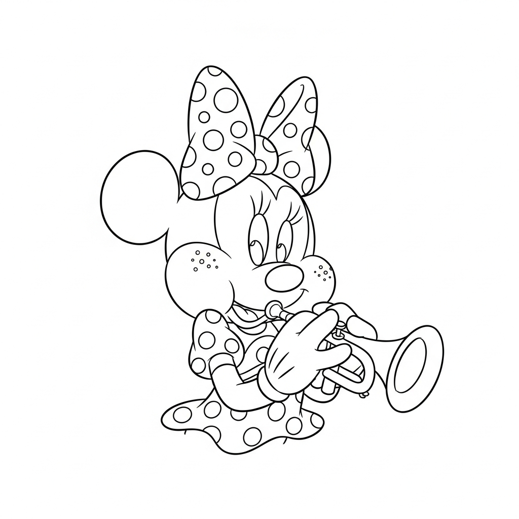 Desenho de Minnie Mouse para colorir tocando trompete com bochechas contornadas