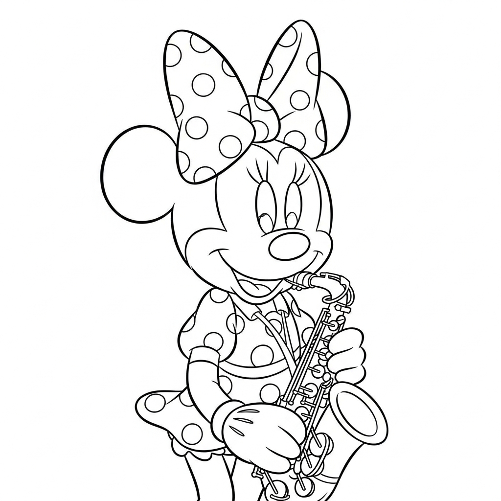 Desenho de Minnie Mouse para colorir tocando saxofone com pose animada