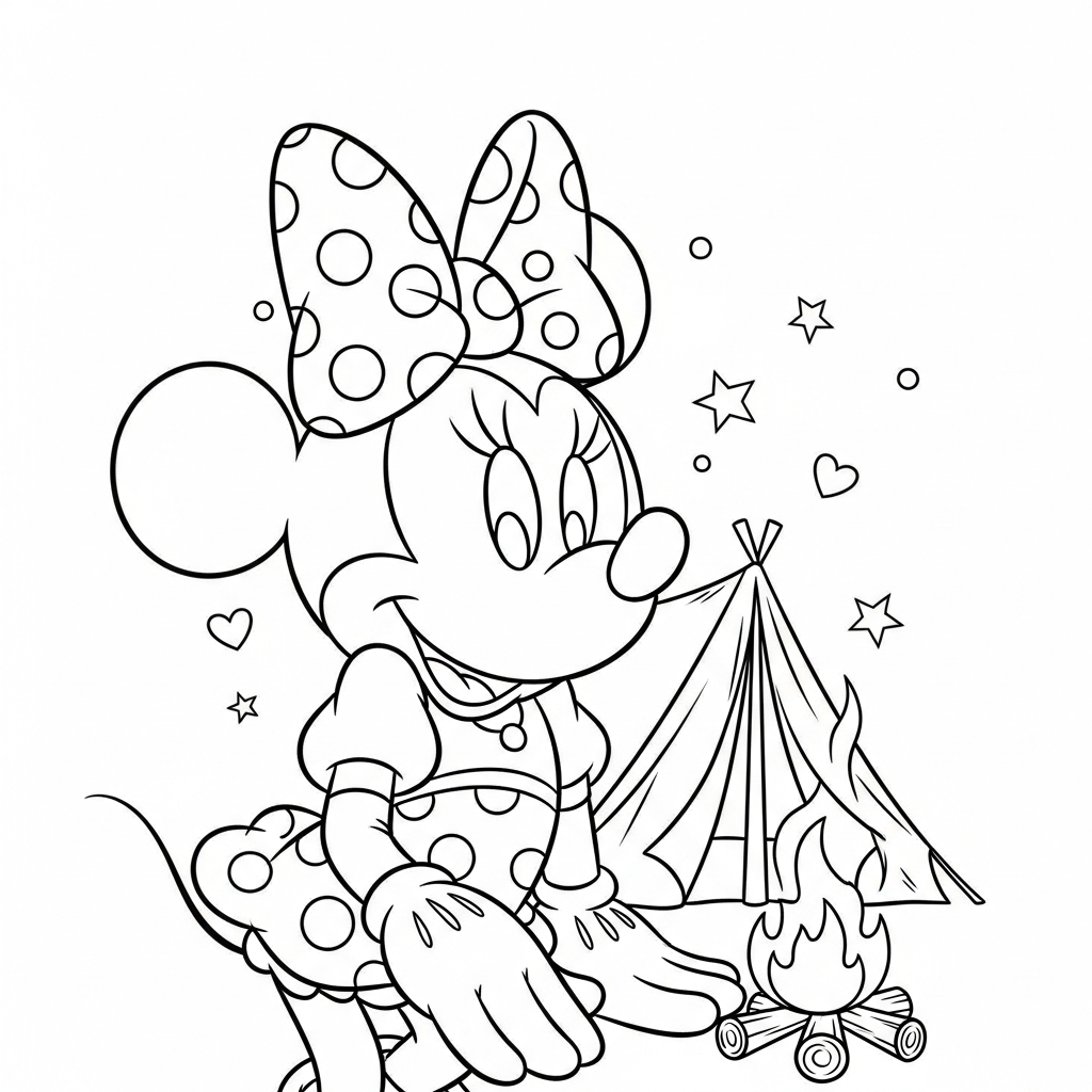 Desenho de Minnie Mouse para colorir acampando na barraca com fogueira e estrelinhas