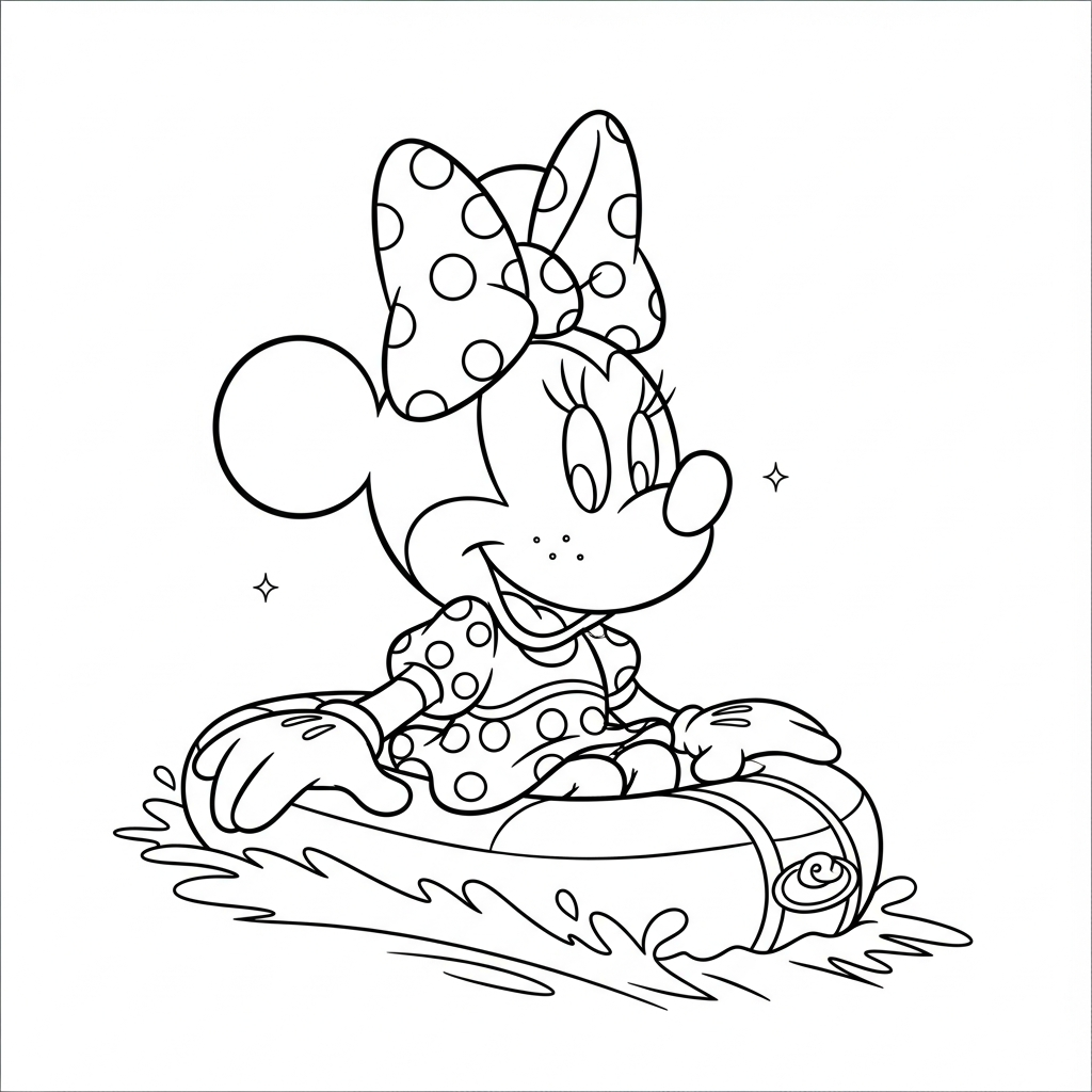 Desenho de Minnie Mouse para colorir descendo cachoeira em um bote