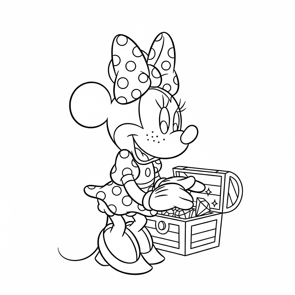 Desenho de Minnie Mouse para colorir encontrando tesouro em baú com gemas
