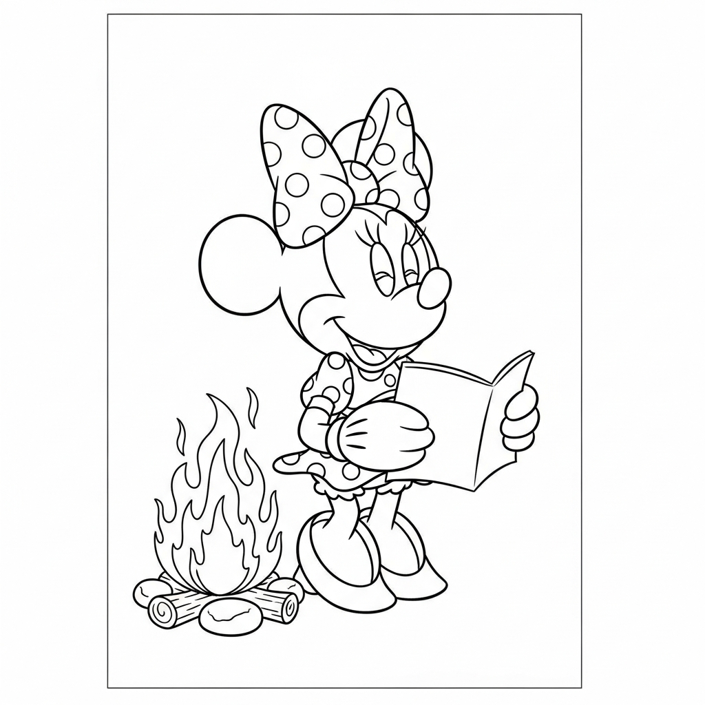 Desenho de Minnie Mouse para colorir cantando em volta de fogueira natalina