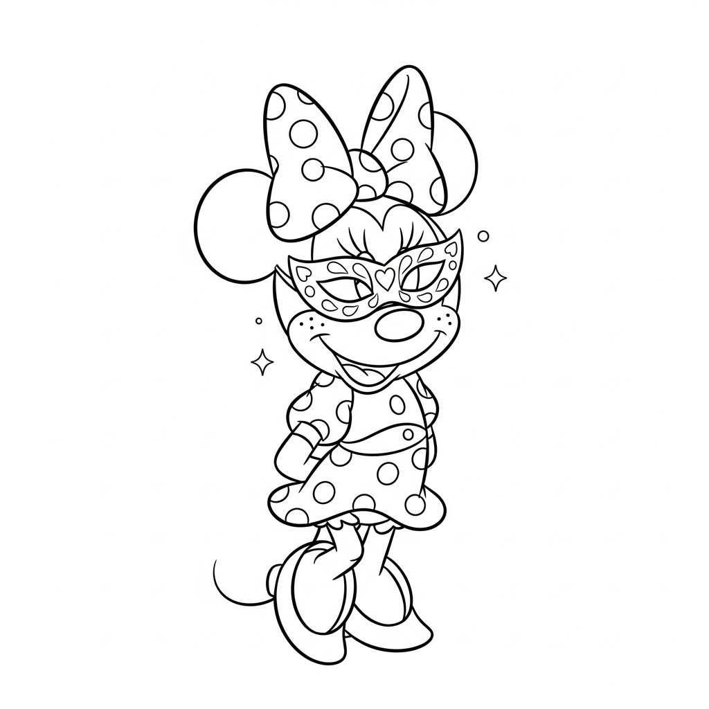Desenho de Minnie Mouse para colorir usando máscara de carnaval com confete.