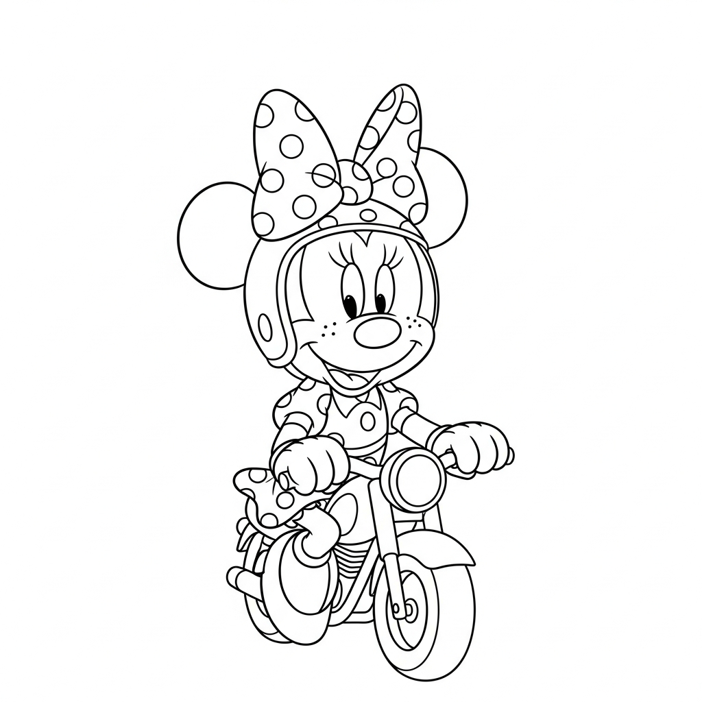 Desenho de Minnie Mouse para colorir pilotando moto com capacete alegremente