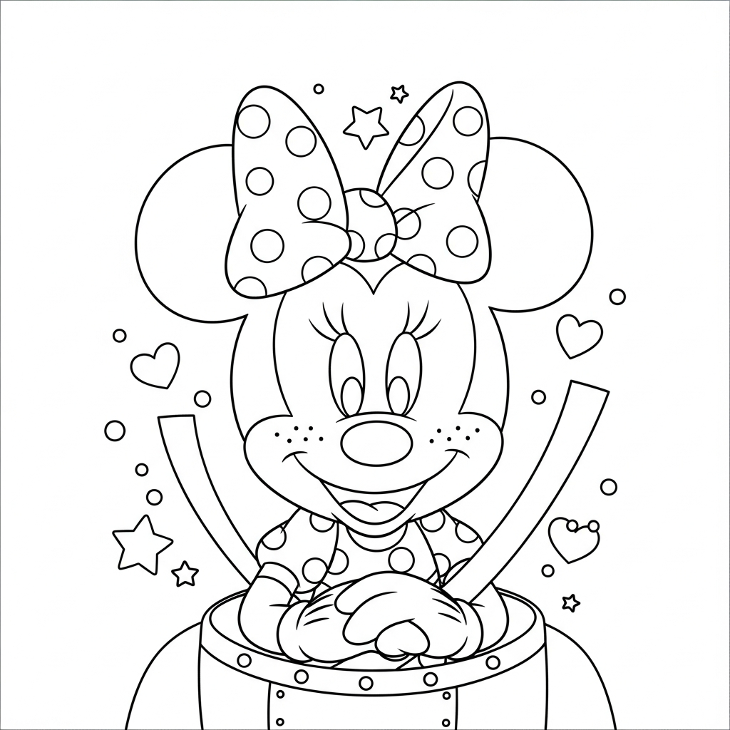 Desenho de Minnie Mouse para colorir dentro de foguete com cinto e estrelinhas.