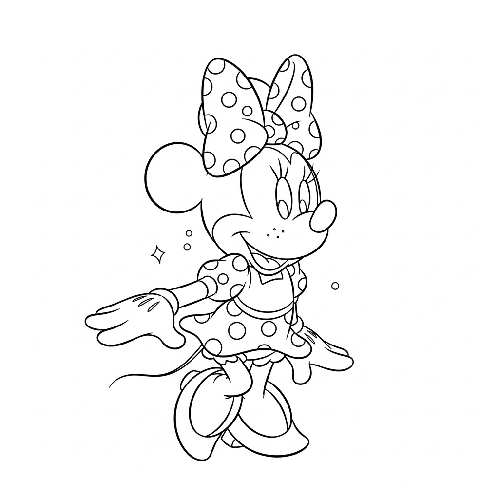 Desenho de Minnie Mouse para colorir dando uma piruetazinha alegre.