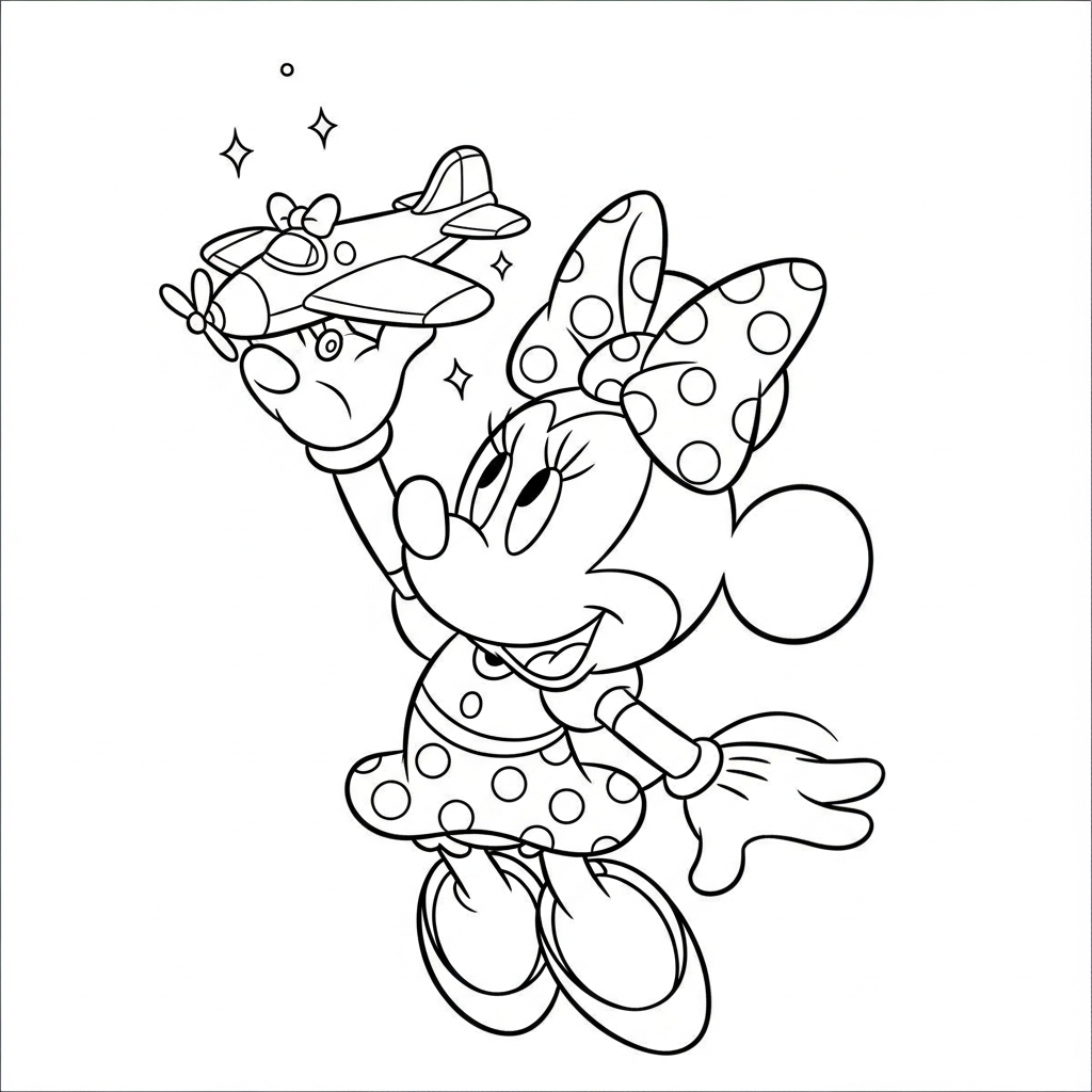 Desenho de Minnie Mouse para colorir brincando com aviãozinho de brinquedo