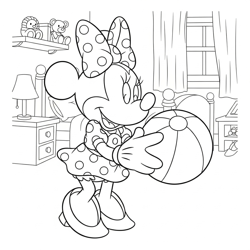 Desenho de Minnie Mouse para colorir brincando com bola de praia no quarto.