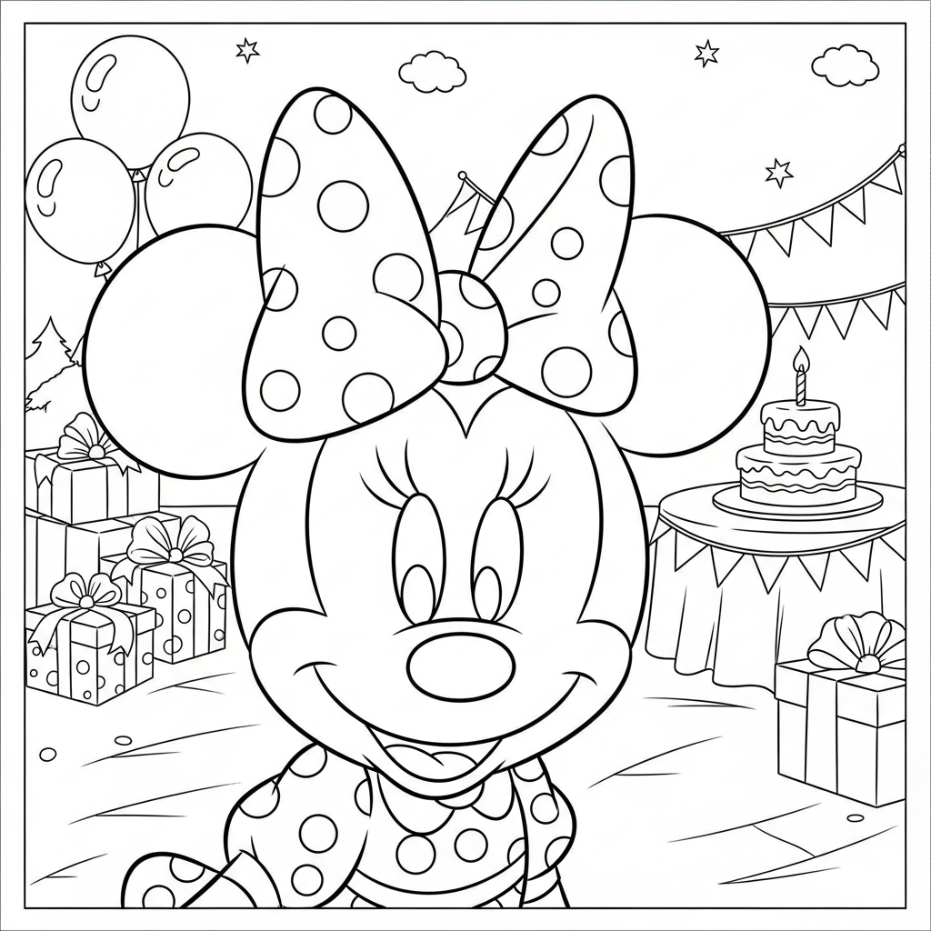 Desenho de Minnie Mouse para colorir patinando no gelo em festa de aniversário