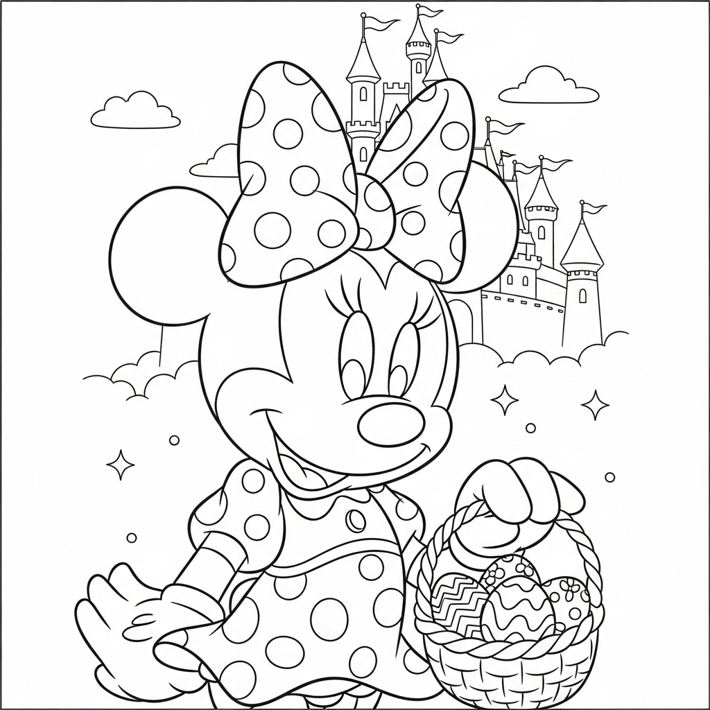 Desenho de Minnie Mouse para colorir segurando cesta de Páscoa diante do castelo.