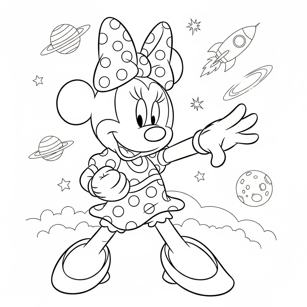 Desenho de Minnie Mouse para colorir praticando karatê entre planetas e foguete.